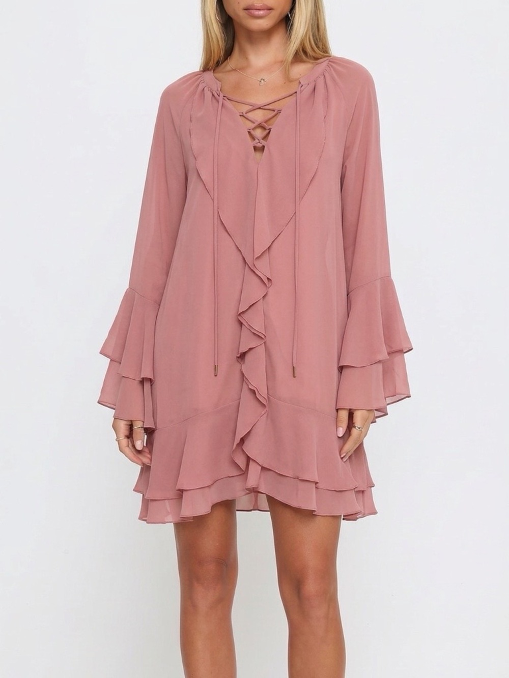 New w/tags - Nordstrom Ruffle-Front Dusty Rose Mini Dress with Lace-Up Neck